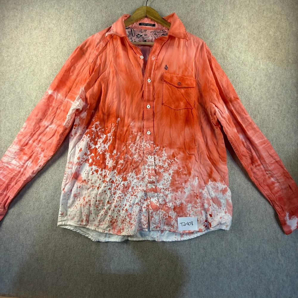 Volcom Tailored Shirt Mens Large Orange White Tie Dye Splatter Long Sleeve